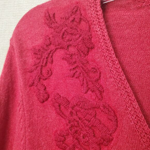 J Jill Red Cotton/Alpaca Blend Embroidered Button-up Cardigan Size Medium - Picture 2 of 8